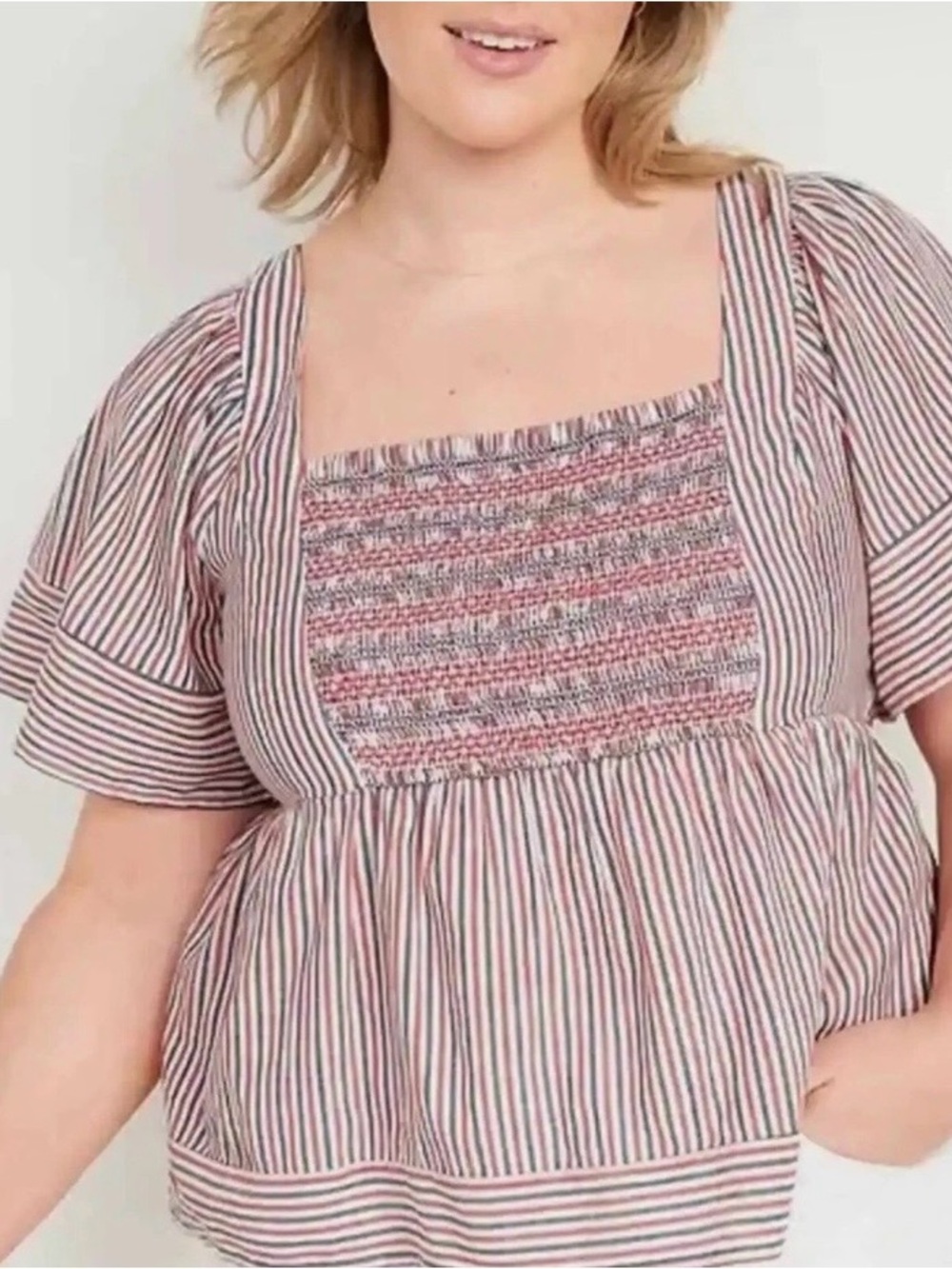 NWT Red White and Blue Striped Smocked Square-Neck Top size XL